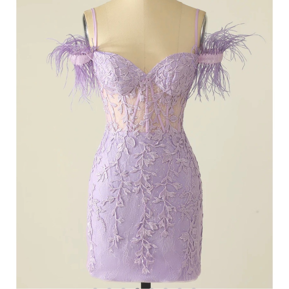 Lavender off the shoulder homecoming dress with feathers - never worn